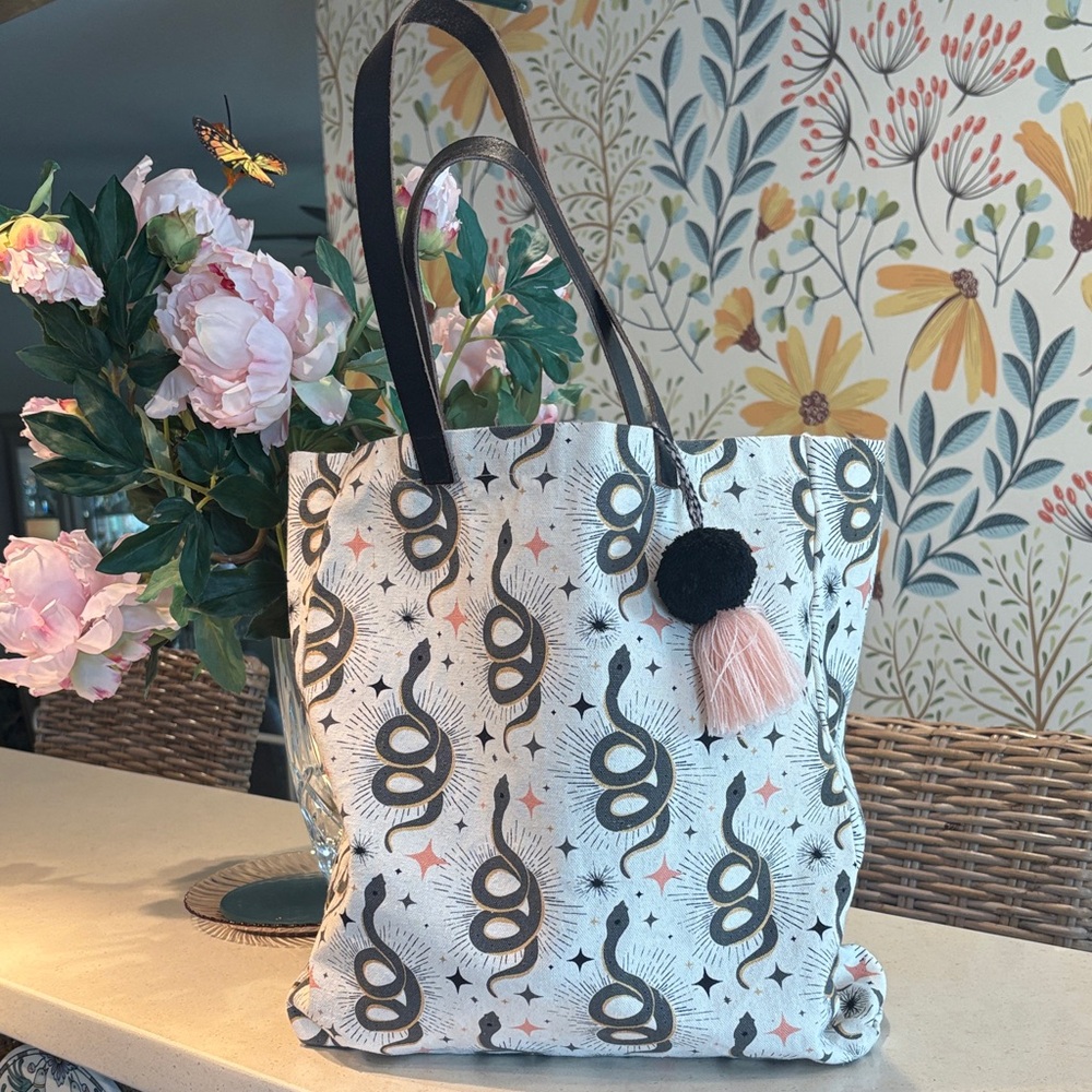 Recycled Cotton Snake Print Tote Bag with Tassel - Pink & Black